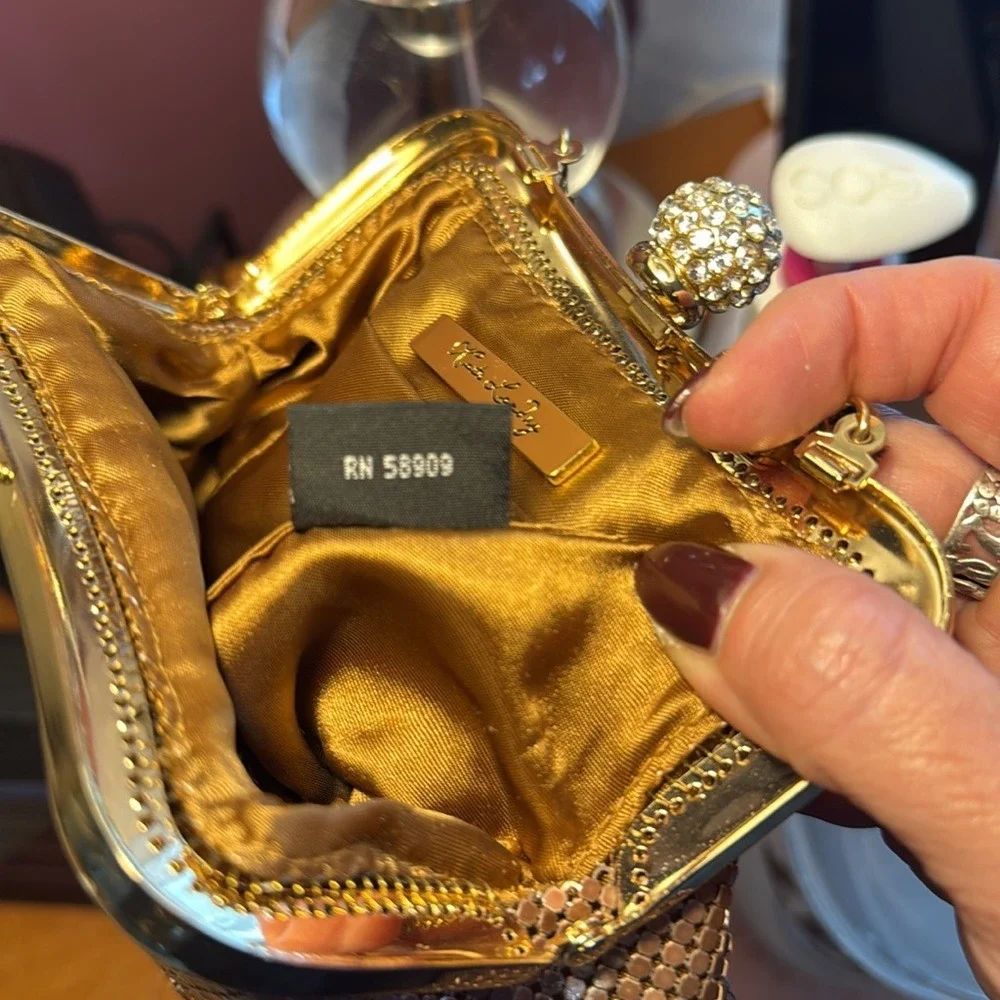 Kate Landry Copper Metal Mesh Evening Clutch Bag Rhinestone Orb Kiss Lock Gold